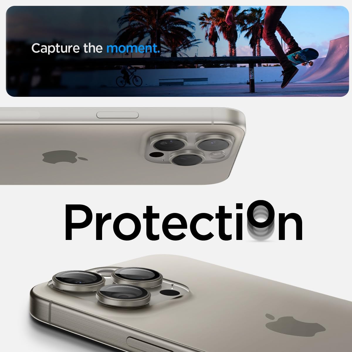 Spigen GlasTR EZ Fit Optik Pro - Protector de pantalla para lente de cámara diseñado para iPhone 15 Pro Max/iPhone 15 Pro/iPhone 14 Pro/iPhone 14 Pro Max [compatible con fundas], titanio natural