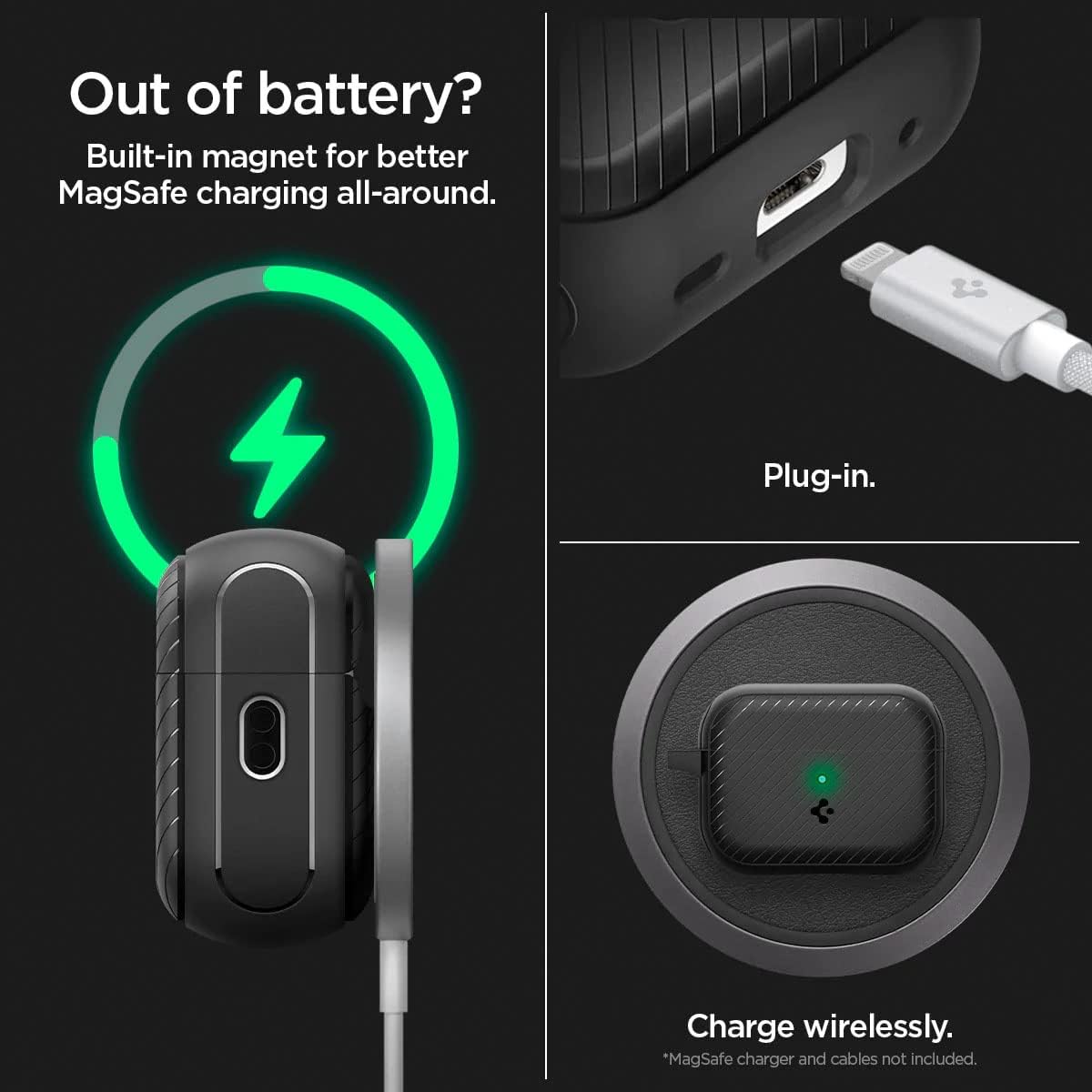 Spigen Mag Armor (Mag Fit) Designed for AirPods Pro 2nd Generation Case 2022/2023 (USB-C/Lightening Cable) • MagSafe Compatible Case Cover with Keychain • Magnets Embedded • Matte Black