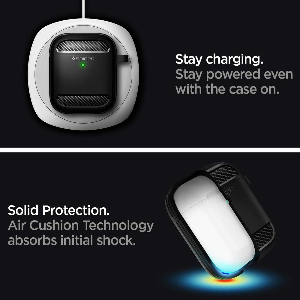 Spigen Rugged Armor - Funda protectora diseñada para Airpods con llavero para Airpods 1 y 2, color negro mate