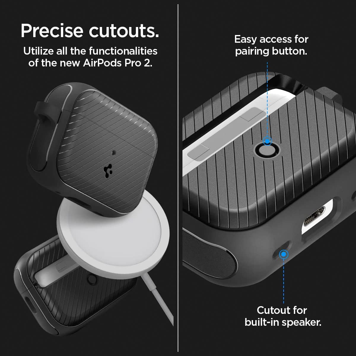 Spigen Mag Armor (Mag Fit) Designed for AirPods Pro 2nd Generation Case 2022/2023 (USB-C/Lightening Cable) • MagSafe Compatible Case Cover with Keychain • Magnets Embedded • Matte Black