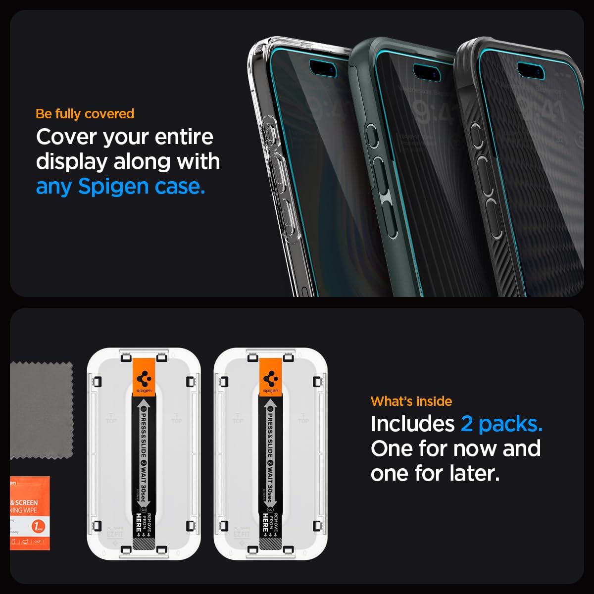 Spigen Protector de pantalla de vidrio templado [GlasTR EZ FIT – Privacidad] diseñado para iPhone 15 Pro Max [compatible con fundas]