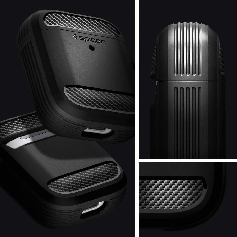 Spigen Rugged Armor - Funda protectora diseñada para Airpods con llavero para Airpods 1 y 2, color negro mate