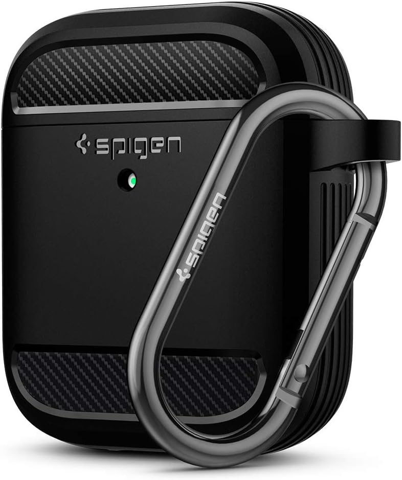 Spigen Rugged Armor - Funda protectora diseñada para Airpods con llavero para Airpods 1 y 2, color negro mate