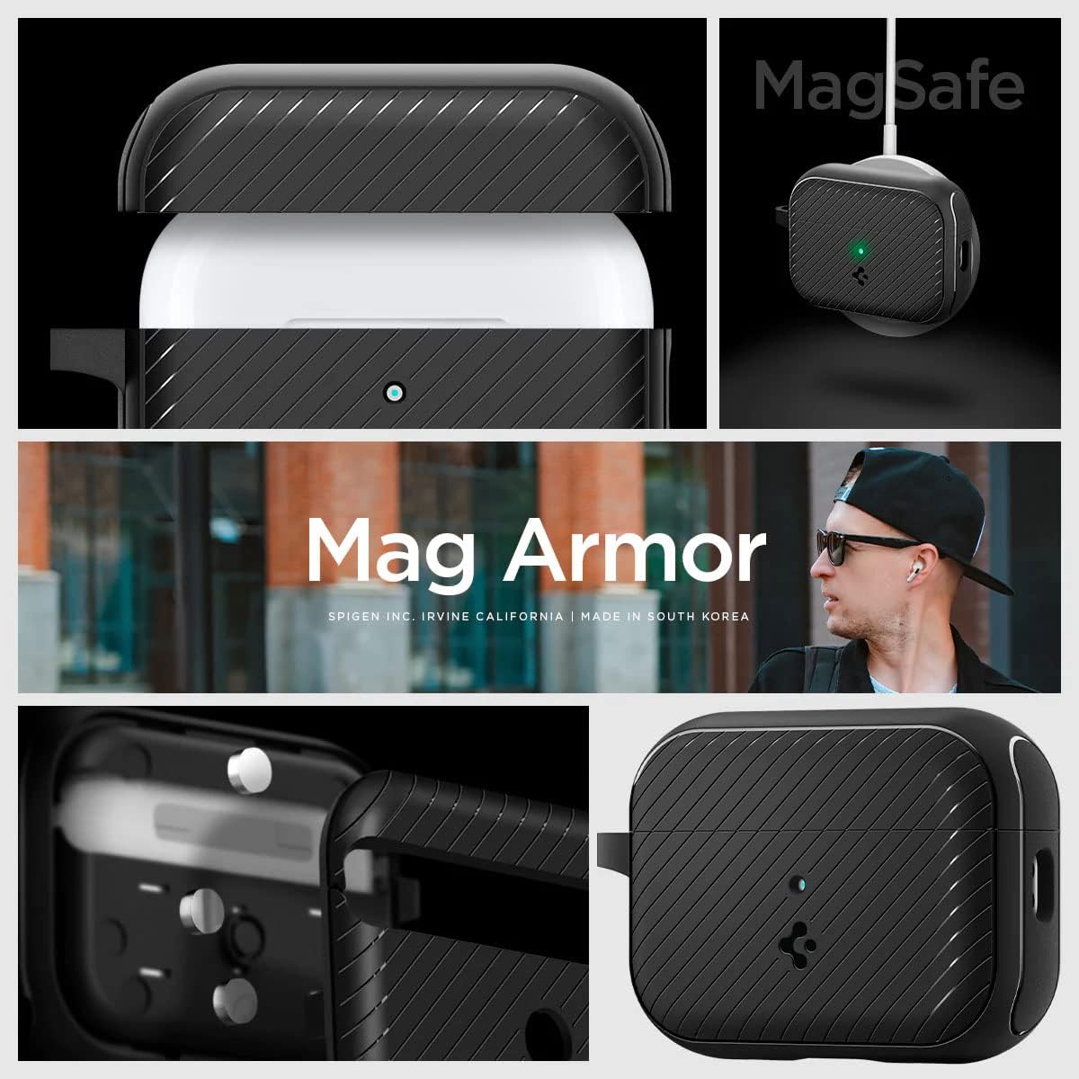 Spigen Mag Armor (Mag Fit) Designed for AirPods Pro 2nd Generation Case 2022/2023 (USB-C/Lightening Cable) • MagSafe Compatible Case Cover with Keychain • Magnets Embedded • Matte Black