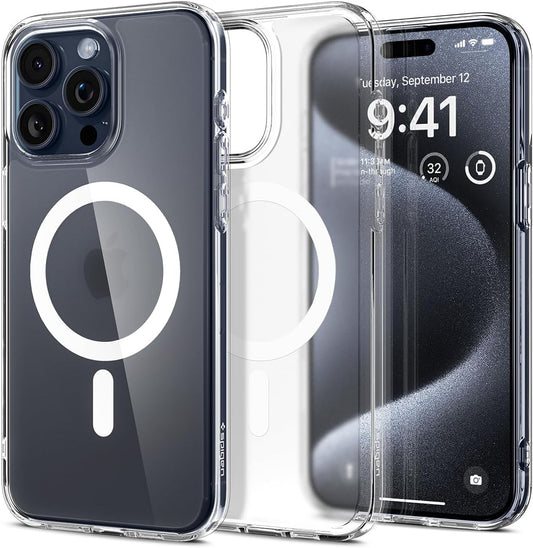 Spigen MagFit - Funda magnética ultra híbrida diseñada para iPhone 15 Pro, [antiamarilleo] [protección de grado militar] compatible con MagSafe (2023), transparente escarcha