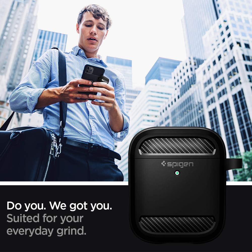 Spigen Rugged Armor - Funda protectora diseñada para Airpods con llavero para Airpods 1 y 2, color negro mate