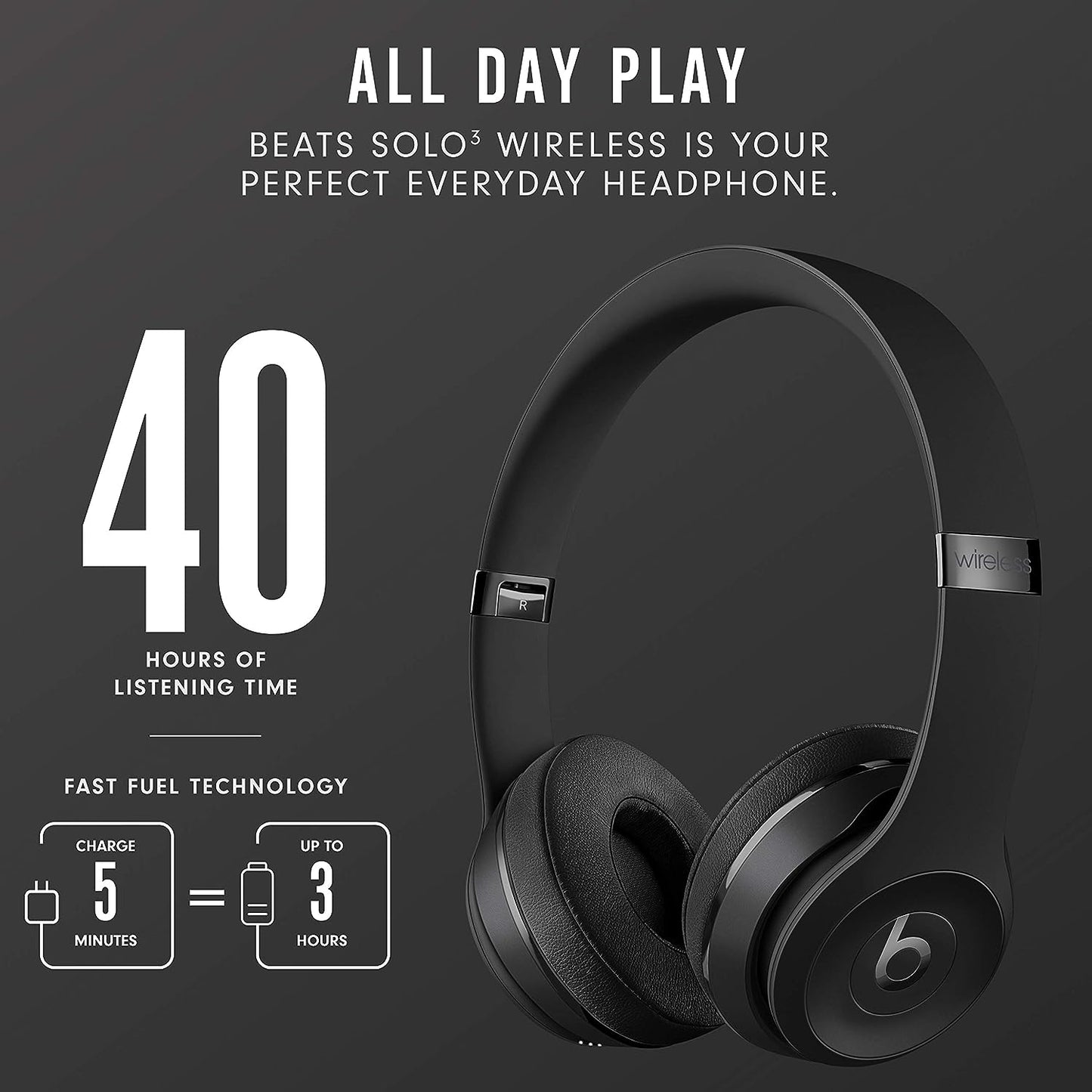 Beats Solo3 Wireless On-Ear Headphones • Apple W1 Headphone Chip • Class 1 Bluetooth • 40 Hours of Listening Time • Built-in Microphone • Black (Latest Model)