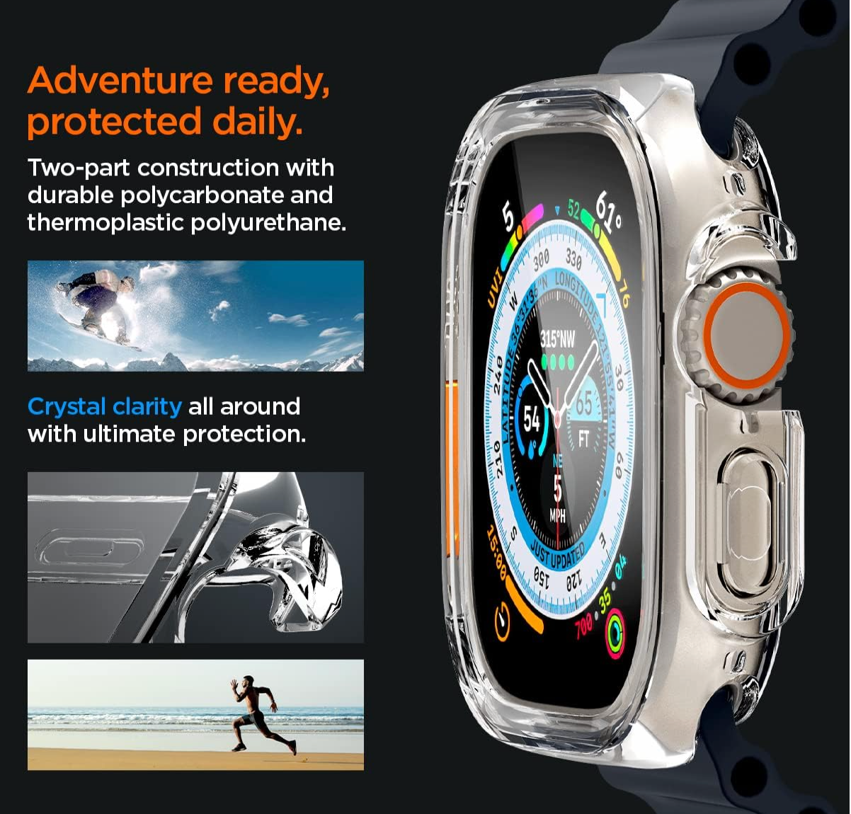 Spigen Funda ultra híbrida diseñada para Apple Watch Ultra 2/Apple Watch Ultra con protector de pantalla de cobertura completa para Apple Watch Ultra de 49 mm, transparente