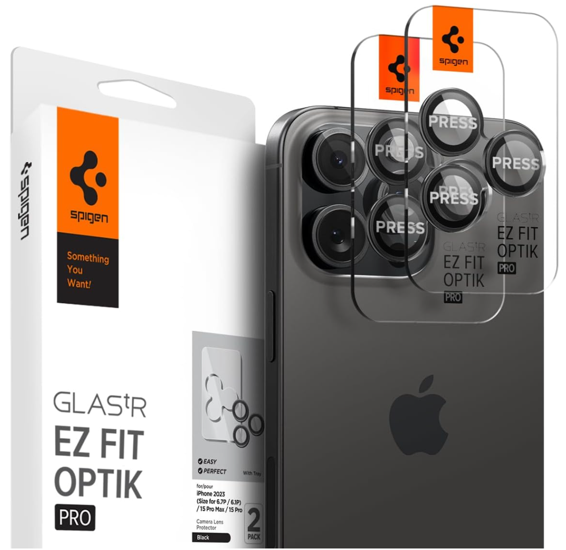 Spigen GlasTR EZ Fit Optik Pro - Protector de pantalla para lente de cámara [GlasTR EZ Fit Optik Pro] diseñado para iPhone 15 Pro Max/iPhone 15 Pro/iPhone 14 Pro [compatible con fundas]