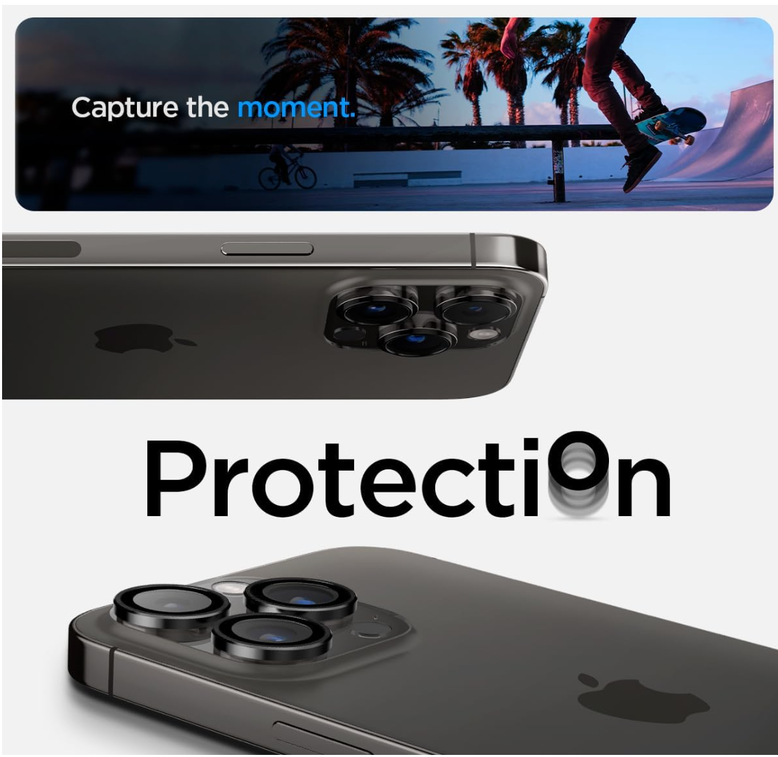 Spigen GlasTR EZ Fit Optik Pro - Protector de pantalla para lente de cámara [GlasTR EZ Fit Optik Pro] diseñado para iPhone 15 Pro Max/iPhone 15 Pro/iPhone 14 Pro [compatible con fundas]