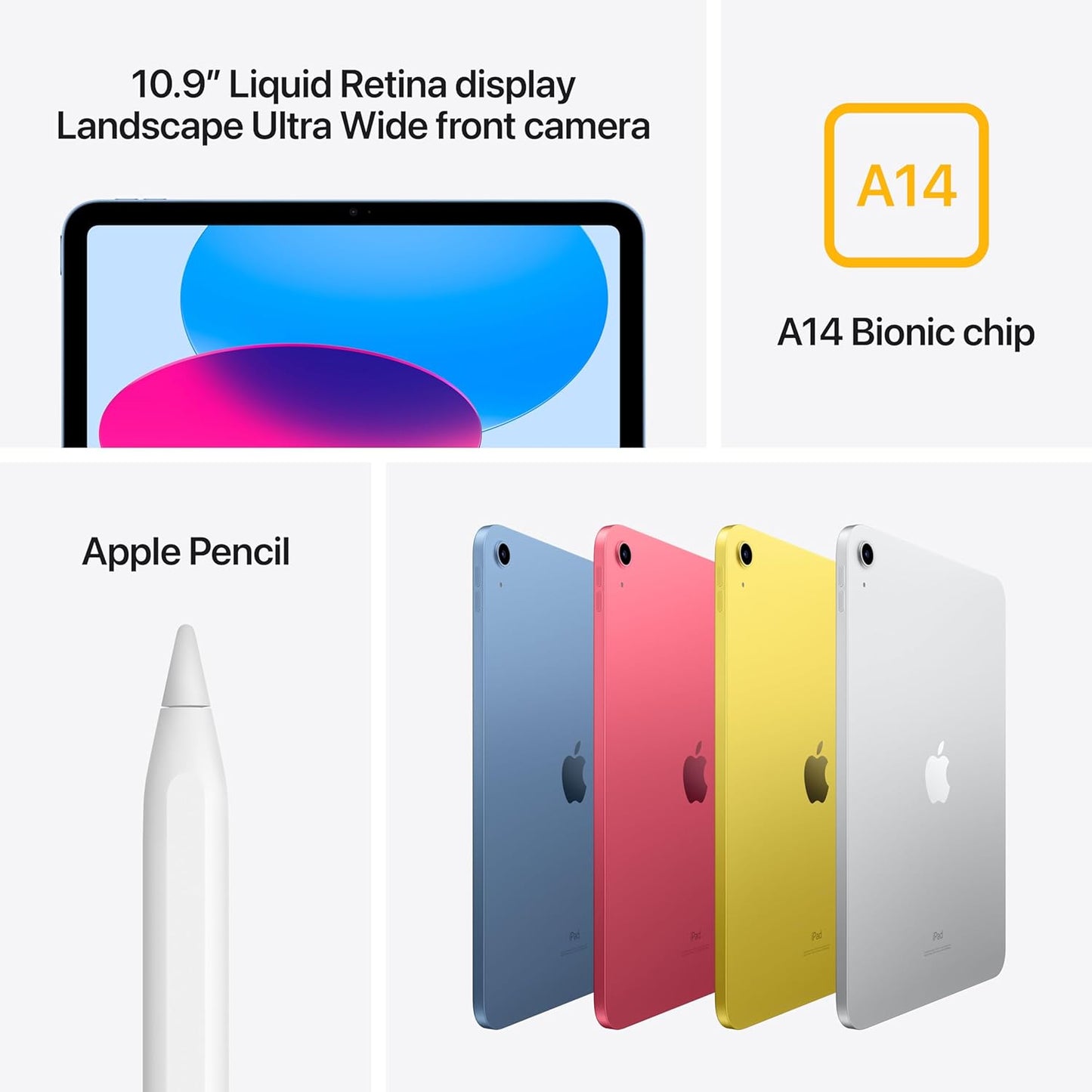 Apple iPad (10ª generación): con chip A14 Bionic, pantalla de retina líquida de 10.9 pulgadas, Wi-Fi 6, cámara frontal de 12 MP/trasera de 12 MP, Touch ID, duración de la batería durante todo el día